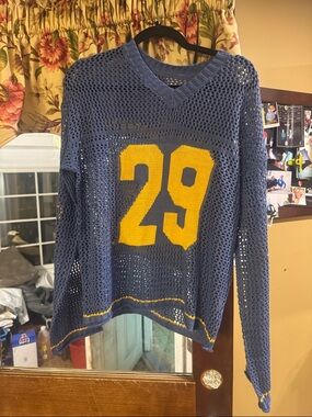 Blue Mesh V-Neck Sweater with Yellow Number 29